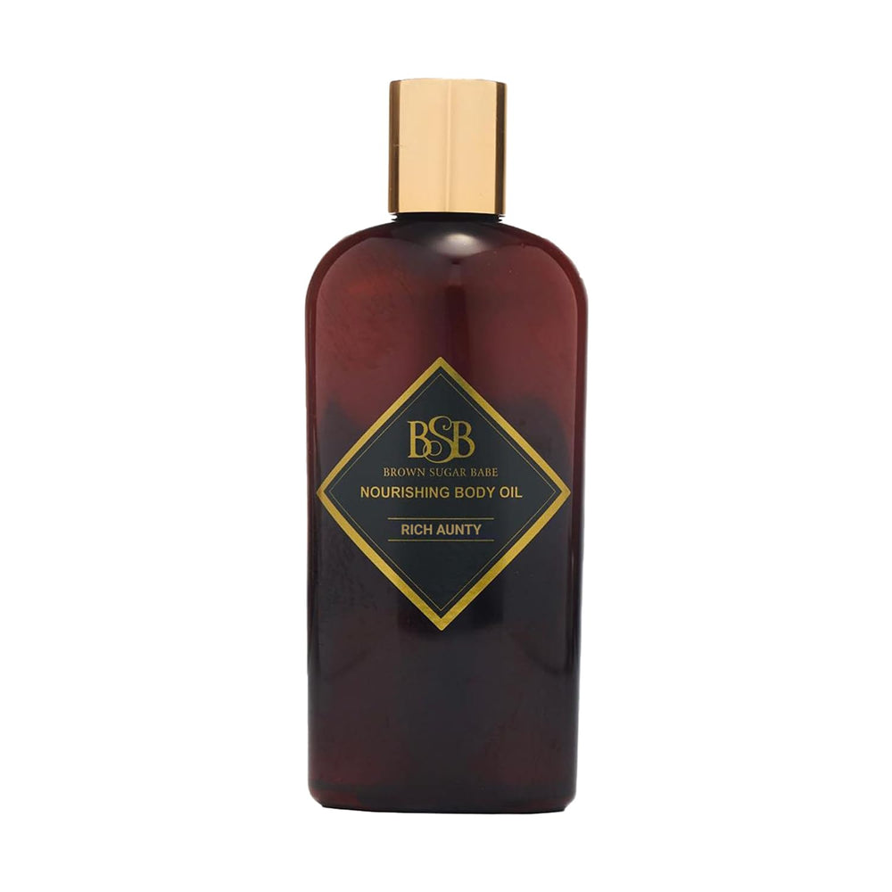 Brown Sugar Babe bottle front view showing elegant packaging and moisturizing promise