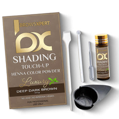 Brows Xpert front packaging showing kit components and natural deep dark brown shade benefit: professional finish