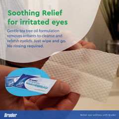 Bruder wipe in use on closed eyelid demonstrating quick rinse-free cleansing while traveling