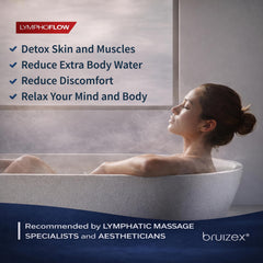 Metal scoop pouring Bruizex salts into a warm bath with fizzing action for relaxing soak
