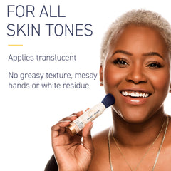 Brush On Block applying over makeup to refresh SPF without smudging