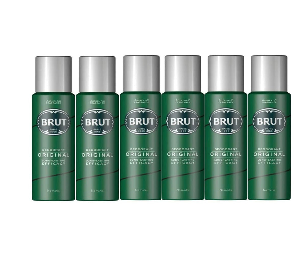 Brut original front packaging shows six 200ml cans and easy storage benefit