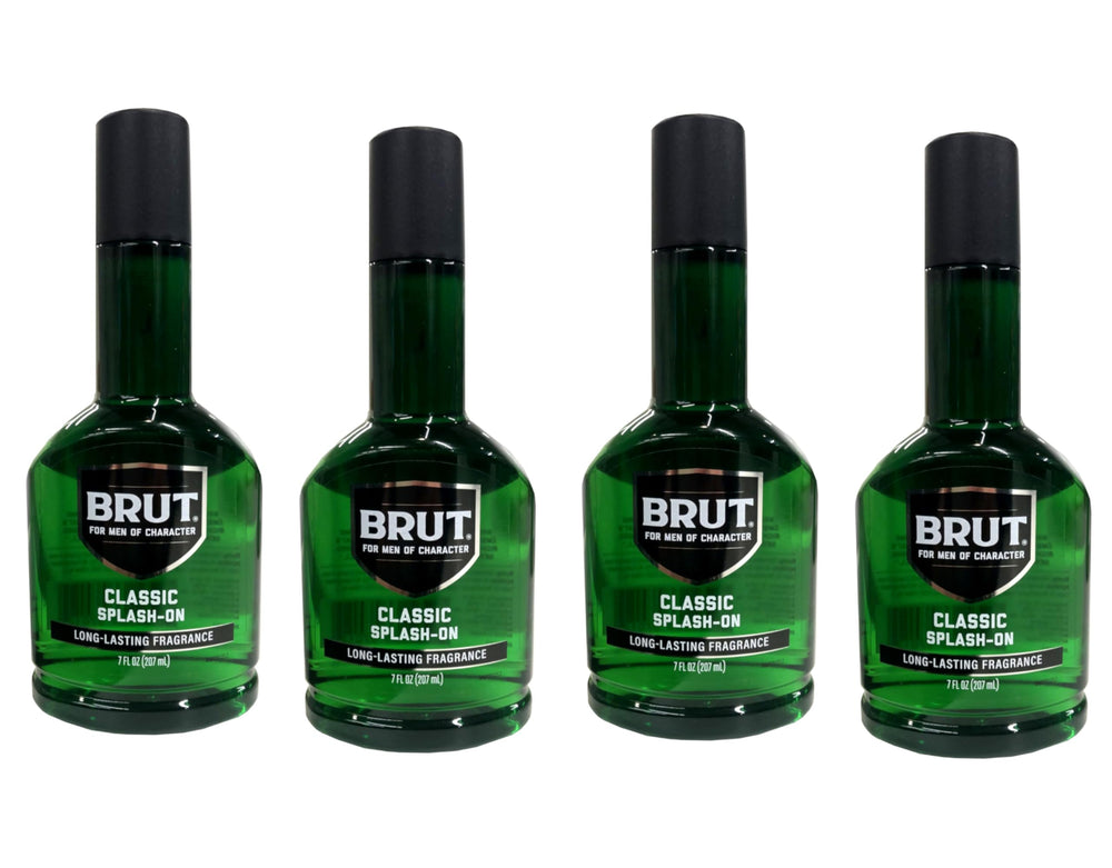 Brut front view of four 7 oz bottles showing packaging and value