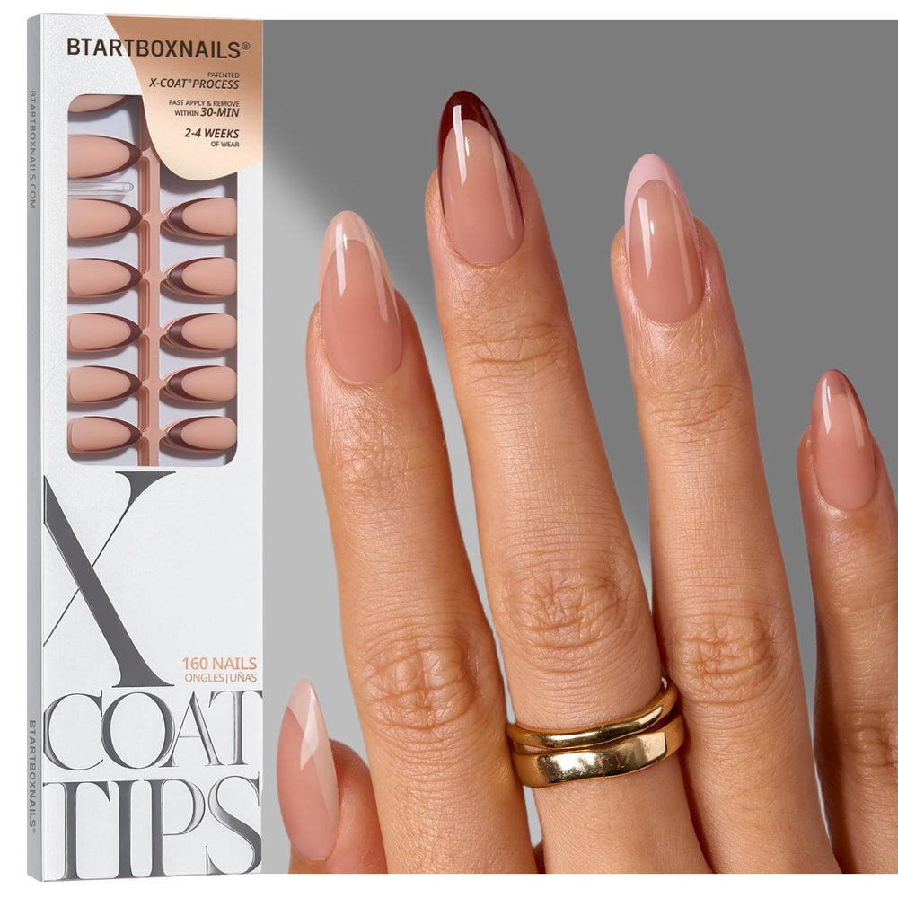 BTArtboxnails front packaging showing 160pcs brown French medium almond nails and sizes