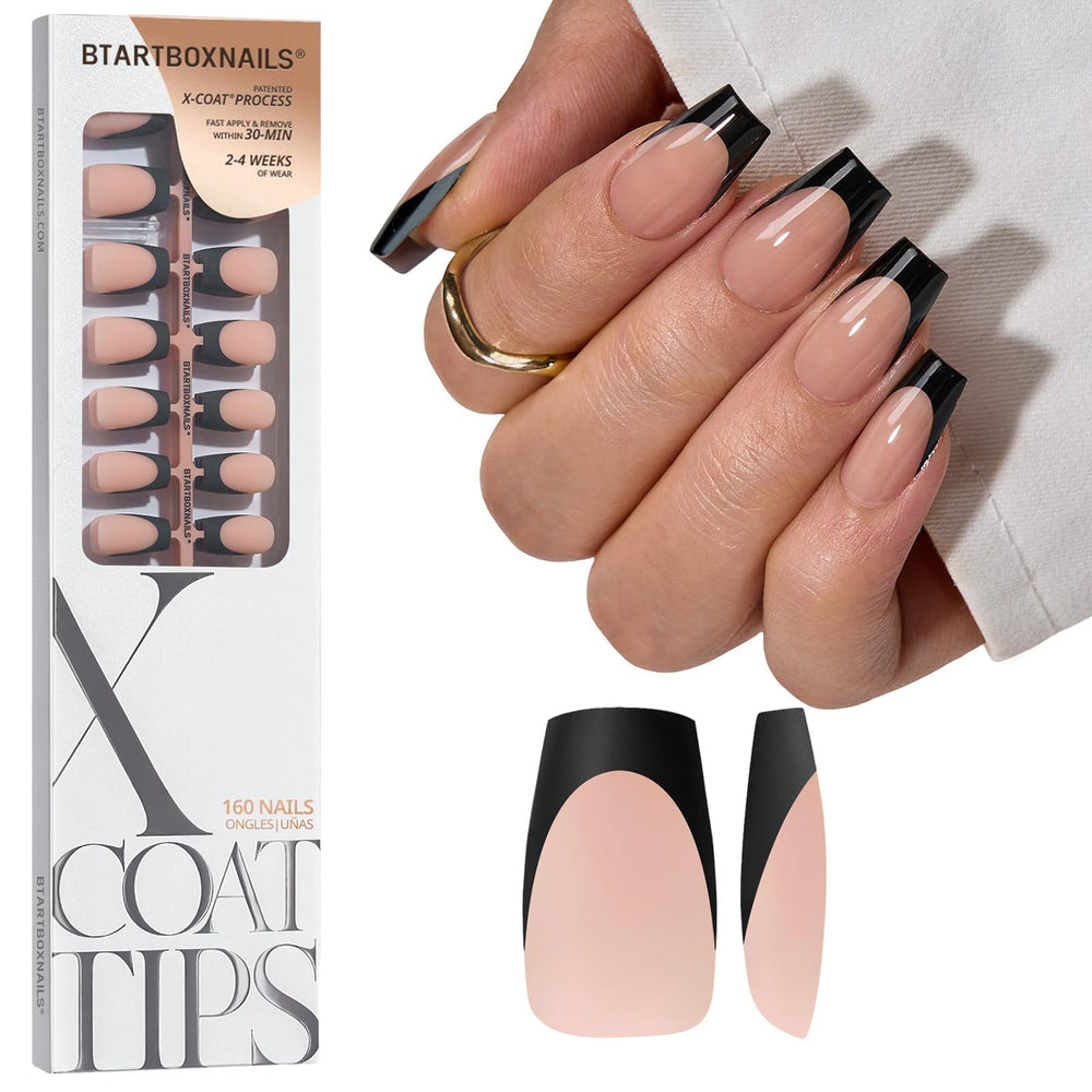 BTArtboxnails front packaging showing black French tips and kit contents benefit: clear presentation