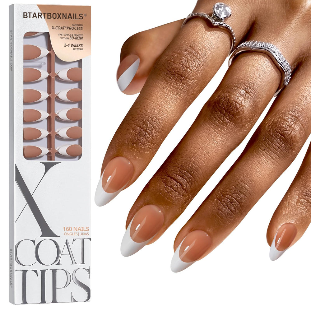 BTArtboxnails front packaging showing white French tips and medium almond shape, professional finish