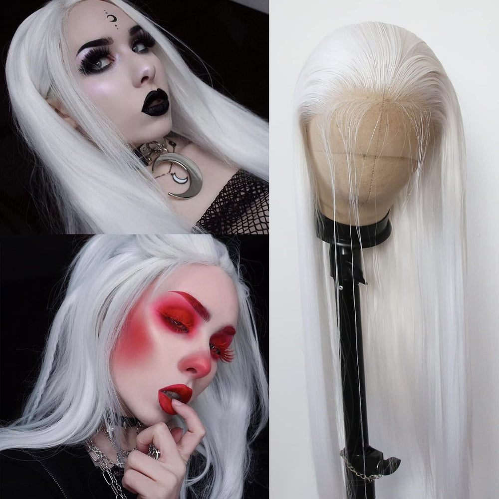BTWTRY front view showing platinum snow white wig and polished style benefit