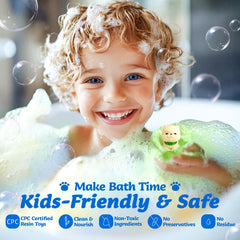 BubbleTail bath scene with vibrant colored water, showing fun visual effect and easy cleanup