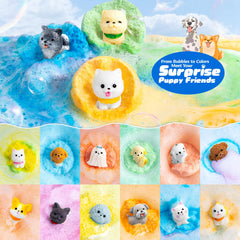 BubbleTail surprise puppy figurine displayed outside bomb, highlighting collectible safe toy benefit