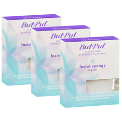 Buf-Puf front packaging showing three white facial sponges and product benefits