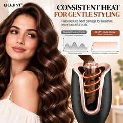 BUJIYI curling iron in use on medium hair creating consistent waves fast