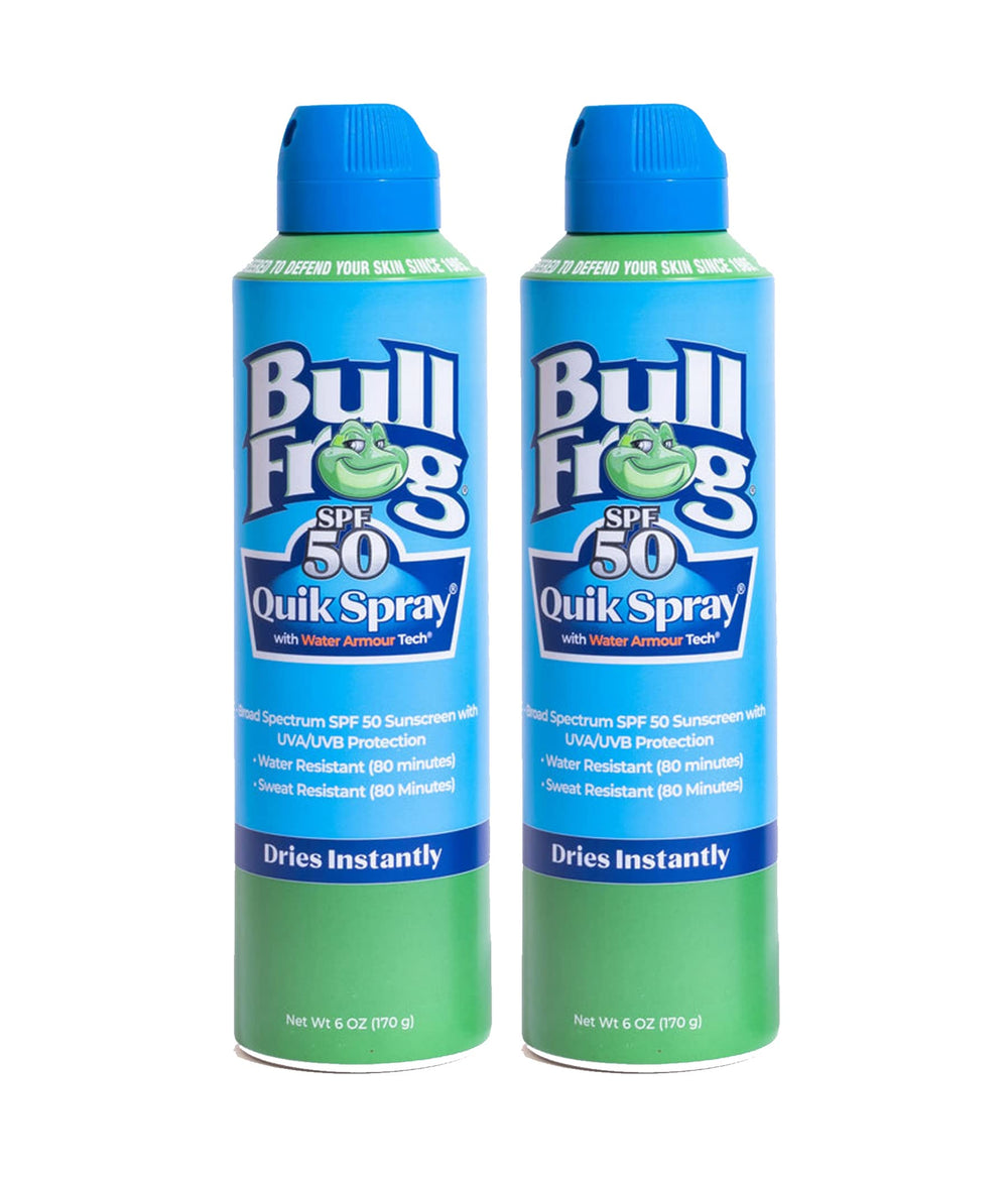 Bullfrog front packaging showing SPF 50 protection and quick application benefit