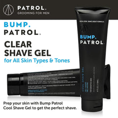 Bump Patrol gel on skin with razor illustrating reduced irritation benefit