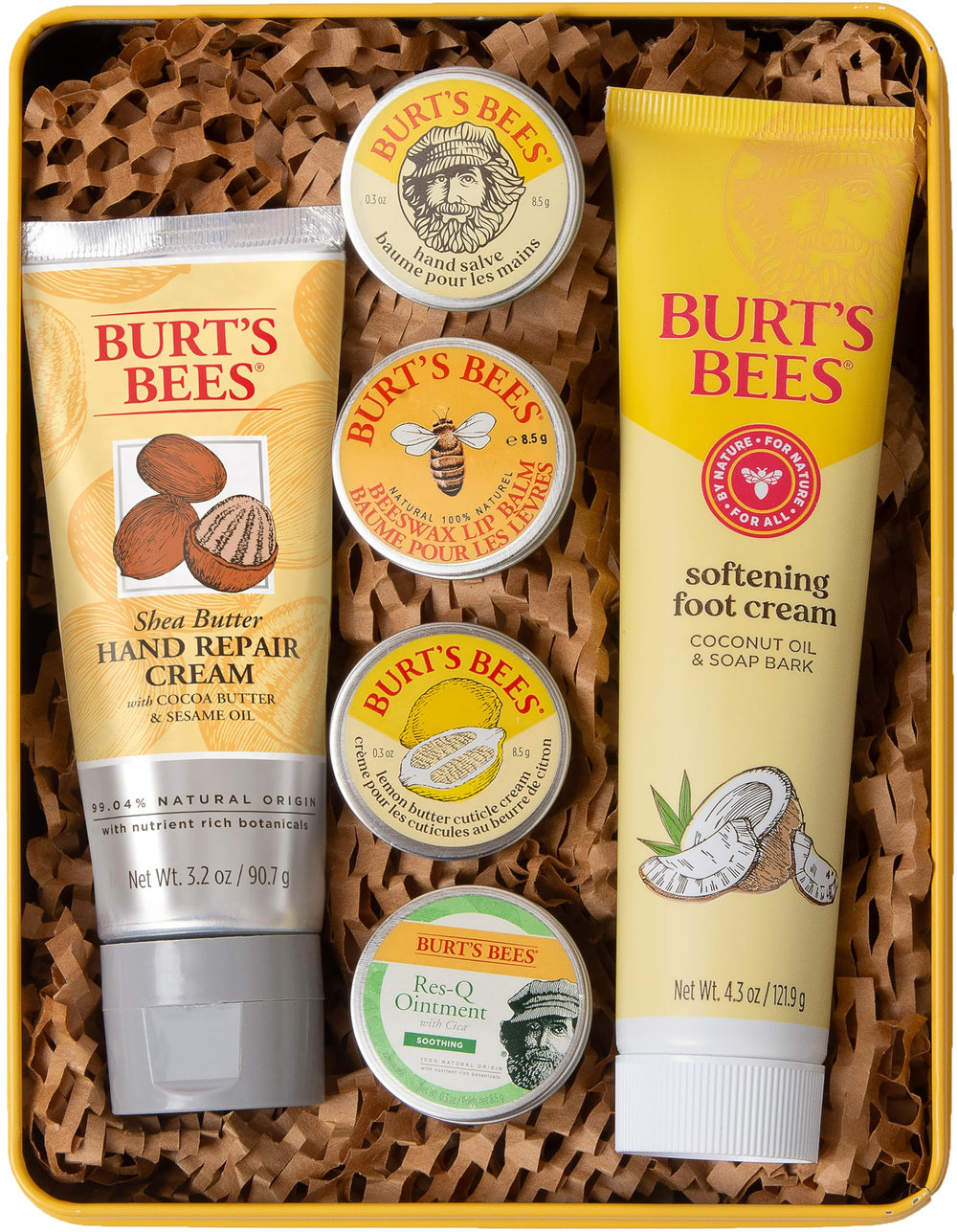 Burt's Bees gift tin showing six skincare products and recyclable packaging benefit quick gifting