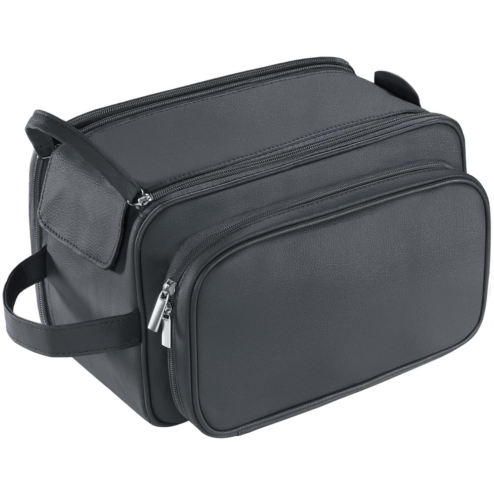 Buruis front view of black toiletry bag showing sleek profile and durable design