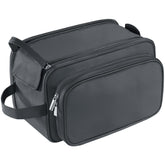 Buruis front view of black toiletry bag showing sleek profile and durable design