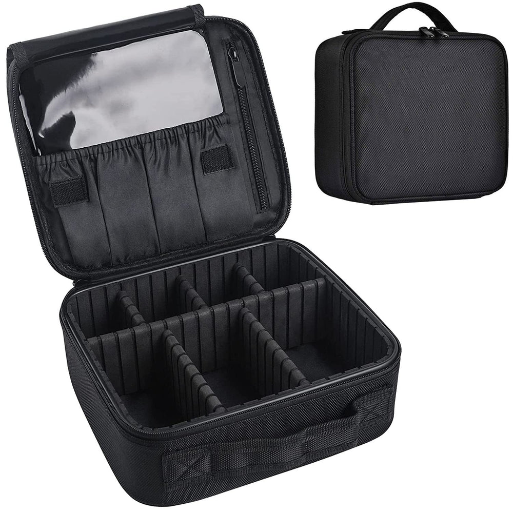 Bvser front view of black cosmetic train case showing secure zipper and handle benefit organization