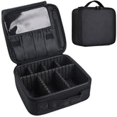 Bvser front view of black cosmetic train case showing secure zipper and handle benefit organization