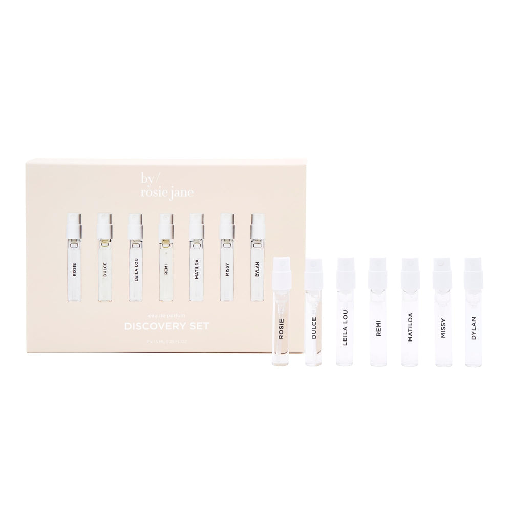 By Rosie Jane front packaging showing seven travel perfume vials and gift-ready layout
