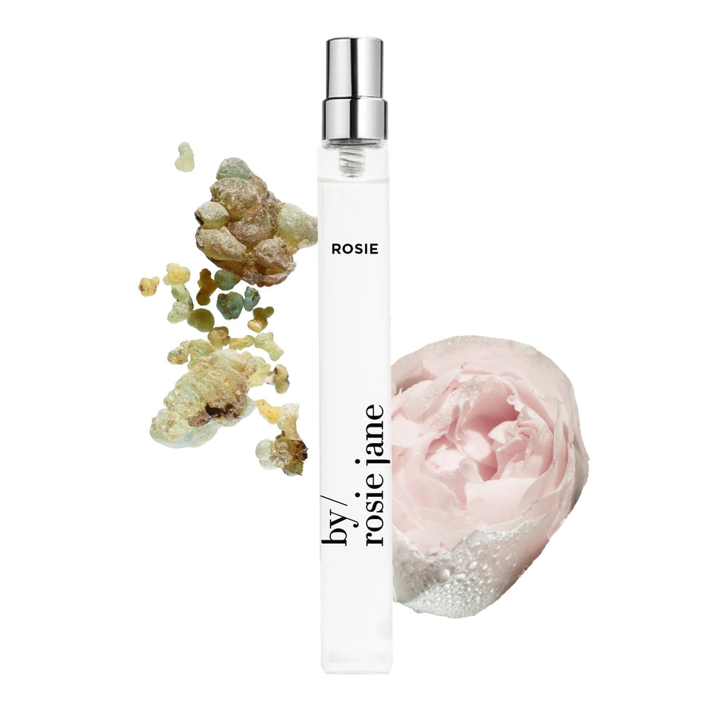 By Rosie Jane front bottle shot showing compact 10mL travel perfume for easy carrying