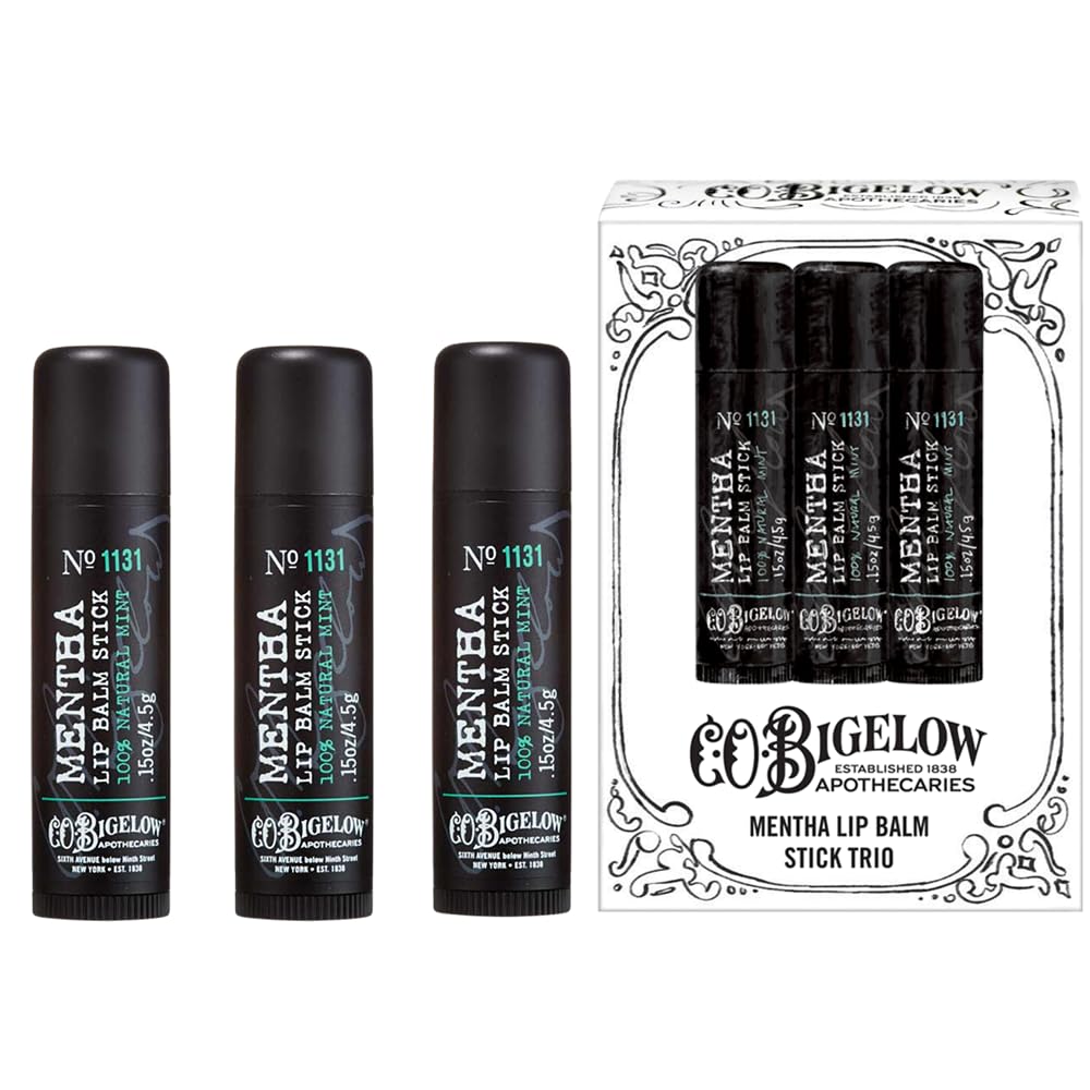 C. O. Bigelow front packaging showing three mentha lip balm sticks and brand visibility