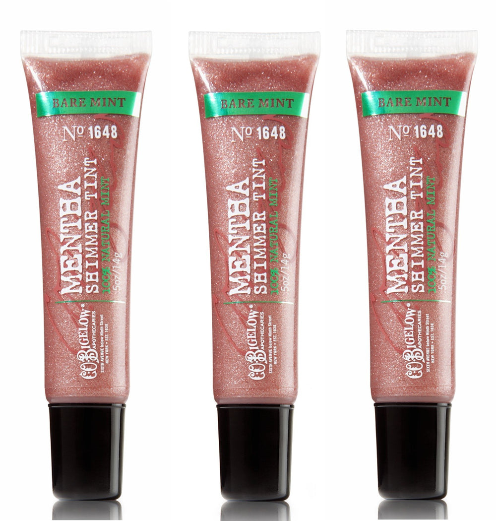 C. O. Bigelow front packaging showing three Mentha Shimmer Tint tubes and portable convenience
