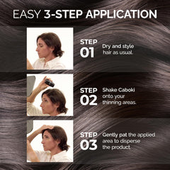 Caboki light brown applied along part line demonstrating instant thicker-looking hair benefit