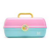 Caboodles front exterior showing two-tone pink and blue and secure latch for travel