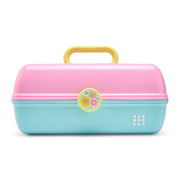 Caboodles front exterior showing two-tone pink and blue and secure latch for travel