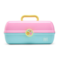 Caboodles front exterior showing two-tone pink and blue and secure latch for travel