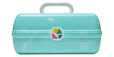 Caboodles turquoise makeup box front view showing secure latch and handle benefit portability