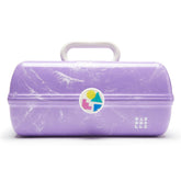 Caboodles lavender marble front closed case showing secure latch and handle benefit portability