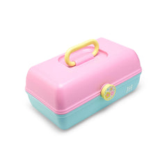 Caboodles interior open with removable three-compartment tray organizing cosmetics