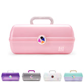 Caboodles front view pink sparkle case showing retro styling and secure latch benefit