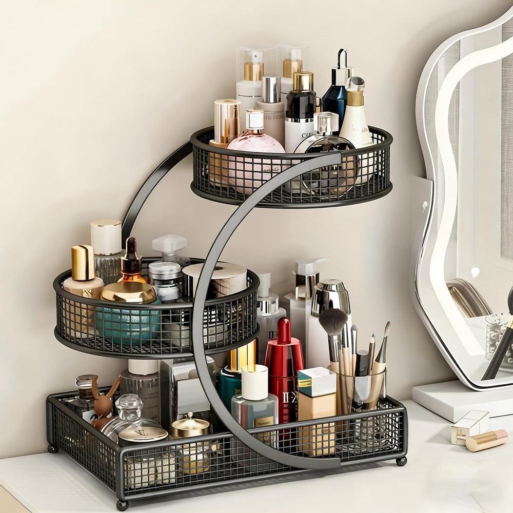 Calaytaly front view of three-tier shelf showing organized cosmetics and easy reach