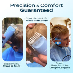 Parent holding CALMING CLIPPER STEP-UP during haircut demonstrating calm control
