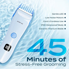 CALMING CLIPPER STEP-UP with comb attachments for customizable, gentle trims