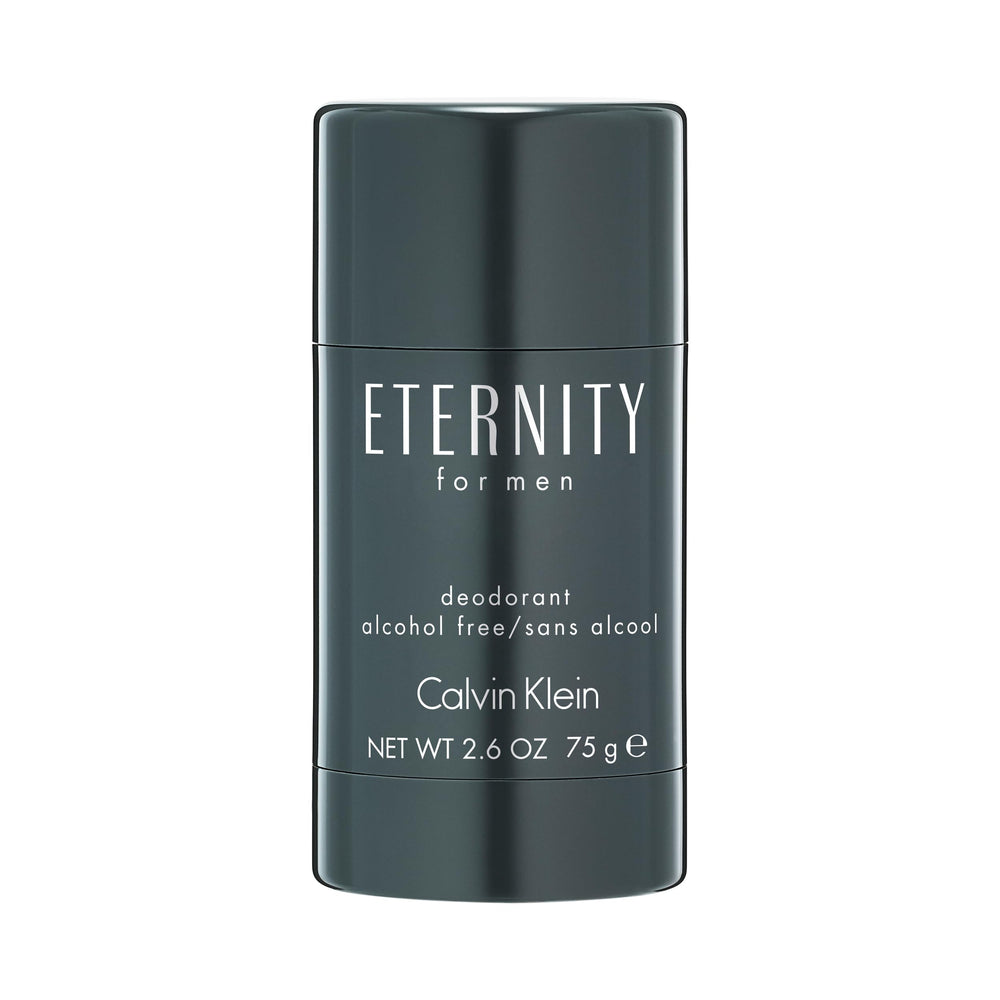 Calvin Klein Eternity front packaging showing slim deodorant stick and branding benefit: elegant portability