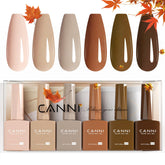 CANNI front view of six fall gel polish bottles shows warm brown palette and gifting appeal