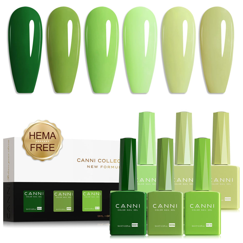 CANNI front view of six green gel polish bottles showing accurate color selection benefit
