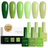 CANNI front view of six green gel polish bottles showing accurate color selection benefit
