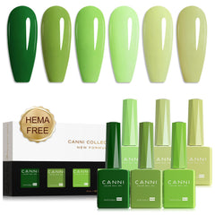 CANNI front view of six green gel polish bottles showing accurate color selection benefit