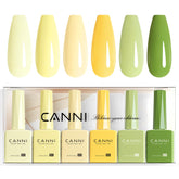 CANNI front view of six pastel yellow gel bottles showing accurate color selection benefit