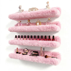 Care&More YJ front view of four fuzzy pink shelves, neat display benefit