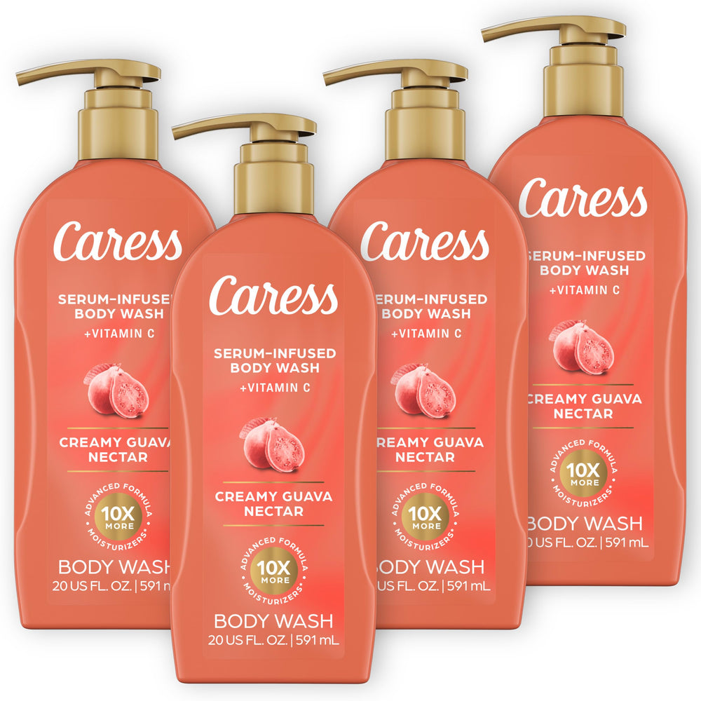 Caress pump bottle front view showing guava nectar and moisturizing benefit