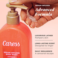 Caress bottle pump dispensing creamy foam for rich lather and smooth skin