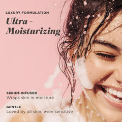 Close-up texture of serum-infused body wash showing silky moisturizing formula