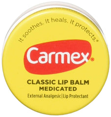 Carmex tube front view showing branding and medicated tube, easy-to-carry relief