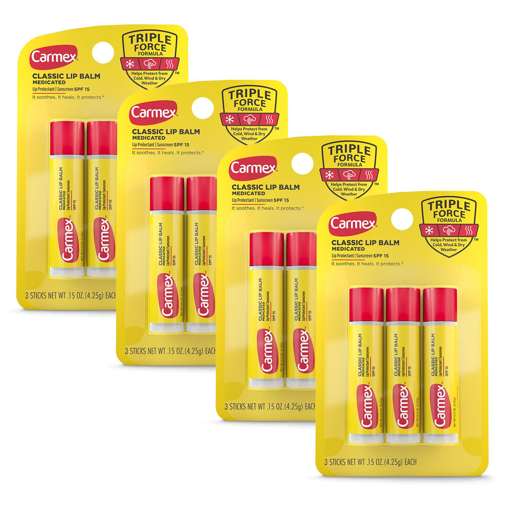 Carmex front packaging showing 12-count bundle and convenience
