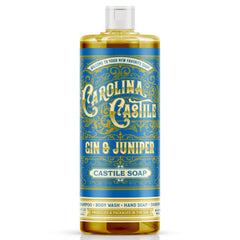 Carolina Castile Soap front bottle shows gin and juniper scent and organic label benefit